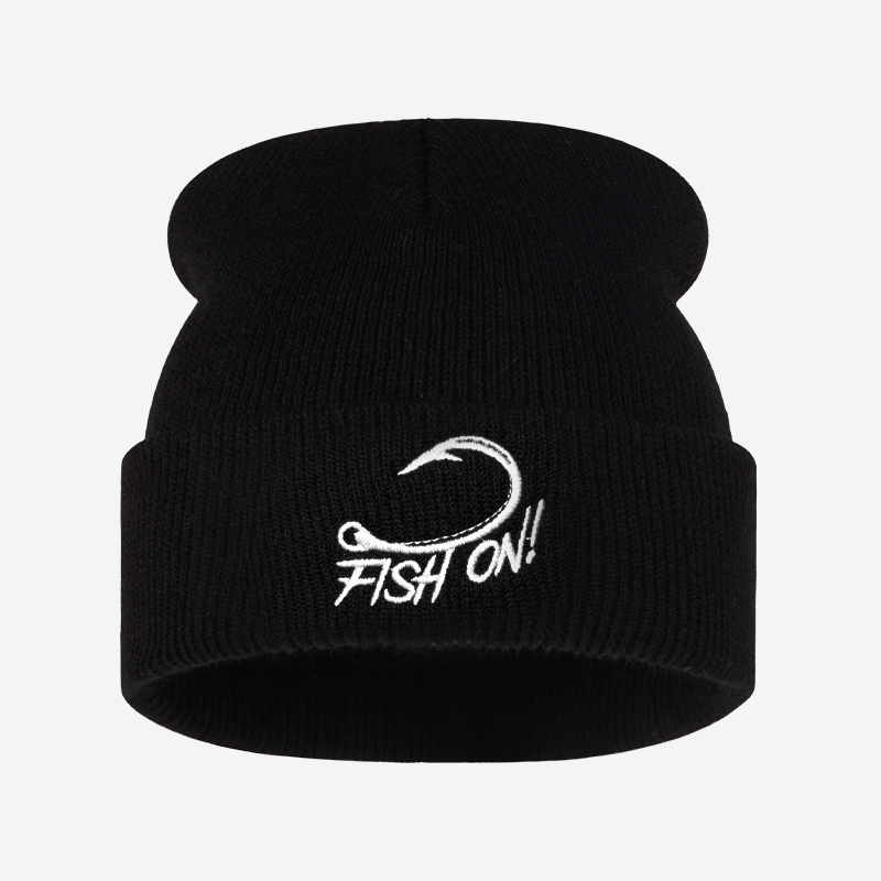 Beanie Cuffed Knit - قبعة شتوية دافئة للرجال مطرزة بسمكة
